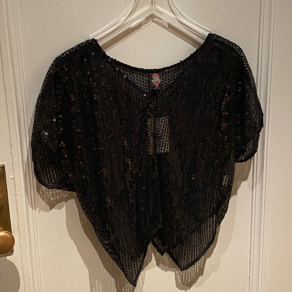 Vintage Free People Black Sequin Sheer Cap Sleeve Blouse